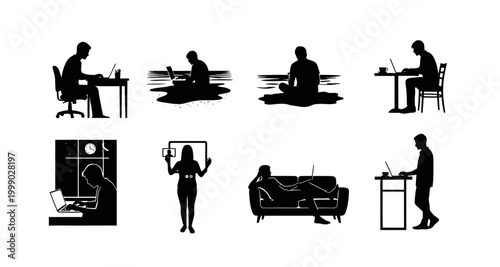 set of people working silhouettes on transparent background