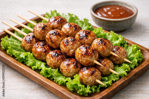 Grilled meatball skewers served on platter with sauce and fresh garnish delicious