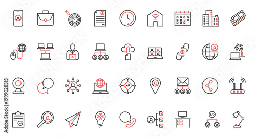 Freelance, work in home office red black thin line icons set vector illustration. Online communication and collaboration of freelancers with remote locations, productivity and portfolio of resume.