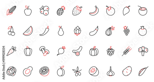 Fruit and vegetable red black thin line icons set vector illustration. Organic healthy farm food for healthy nutrition, fresh apple and orange, banana and cherry berry, carrot and potato for cooking.