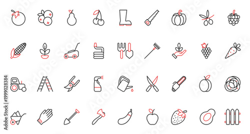 Garden tools and cultivation of agriculture harvest red black thin line icons set vector illustration. Gardening works and equipment to care grass on lawn, grow farm vegetables and fruit.
