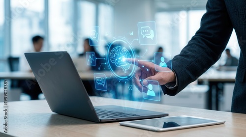 Artificial intelligence AI chat message concept linking users to a knowledge base with search and analytics.