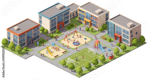 Modern School Campus with Playgrounds and Green Spaces.