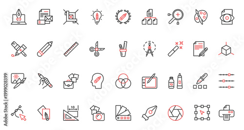 Graphic design red black thin line icons set vector illustration. Tools for creative projects of designer, software and stationery for interface panel in mobile app, pack for creators portfolio.