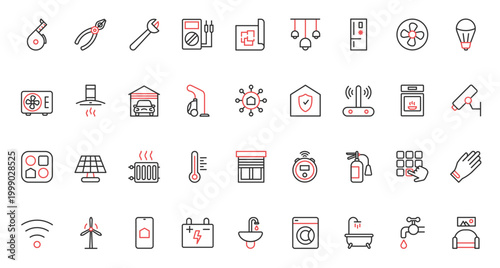 Remote surveillance air conditioner, electrical appliances and device to control energy, temperature lighting, refrigerator. Smart home systems trendy red black thin line icons set vector illustration
