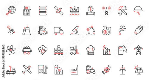 Gas and oil, energy and power production, resources, factory buildings orkers, pipeline manufacturing enterprise, robot equipment. Industry trendy red black thin line icons set vector illustration.