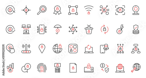 Cybersecurity system, hosting on server, accepted secure wireless connection global GPS, data update protection with shield. Online security trendy red black thin line icons set vector illustration.