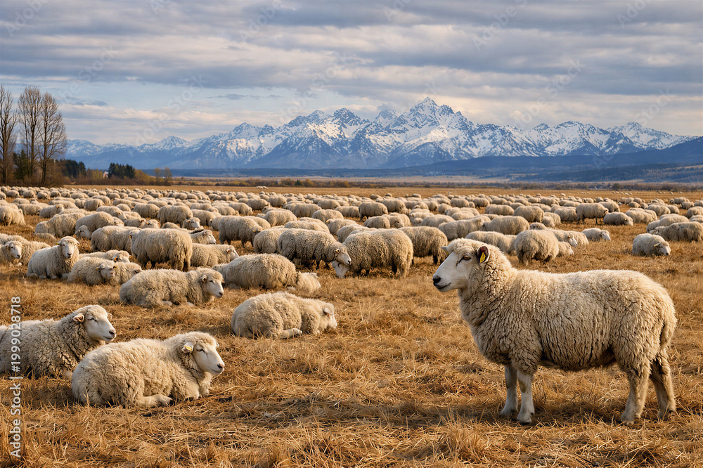 Fototapeta premium Sheep grazing across vast plain with distant snowcapped mountains under blue sky