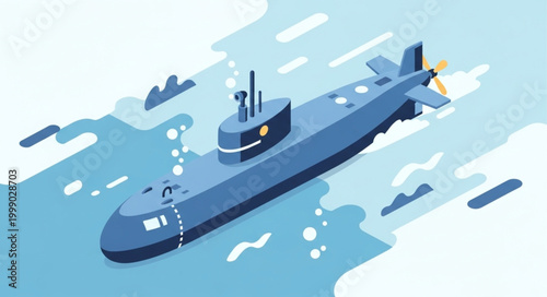 Modern Submarine Navigating Underwater Ocean Depths.