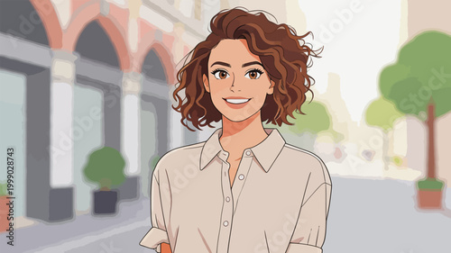 Smiling Young Woman Standing on Urban Street Outdoors