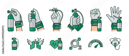 Oxygen Tank Icons Set for Medical Therapy and Scuba Diving Equipment Vector Illustration Collection with Hands Holding Cylinders, Respiratory Masks, and Health Monitoring Symbols for Healthcare Design