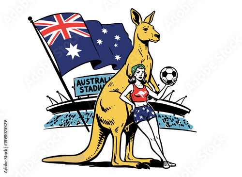 Australian soccer fan mascot with kangaroo and national flag at stadium, retro vintage pop art vector illustration for t-shirt design