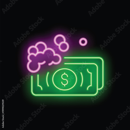 Glowing neon sign of money laundering concept with dollar banknotes and soap suds