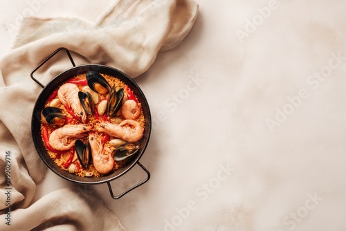 Seafood Paella in Black Iron Pan Top View with Copy Space