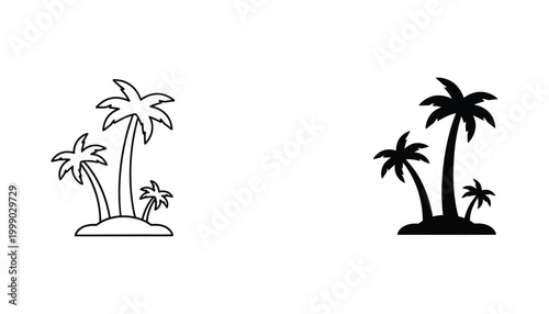 Tropical palm trees on small island icon set in black and white for travel agency branding or summer vacation website graphics