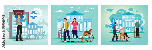 Private healthcare concept. Rehabilitation hospital. Nursing home.