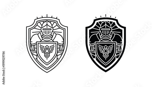 Knight in armor with shield and heraldry icon set for historical or gaming themed branding in line and solid styles isolated on white background