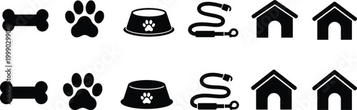 Set of black silhouette icons commonly used for pet shops, veterinary services, or dog care graphics.