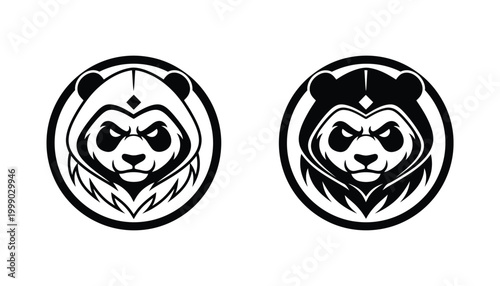 Panda warrior head logo design featuring aggressive bear character in circular frame for esports team branding and gaming identity in black and white vector illustration style for competitive sports