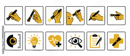 Medical Flashlight Icon Set, Diagnostic Torch Tools and Eye Examination Symbols for Healthcare and Clinical Usage, Flat Design Vector Illustration for Professional Medical Checkup and Patient Care Gra