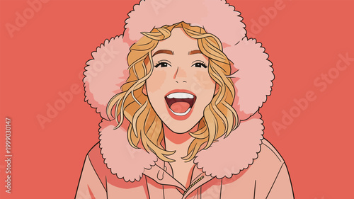 Joyful young woman in pink winter coat laughing happily
