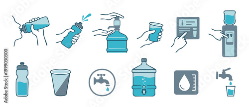 Drinking Water Icons Set for Office and Home Hydration Usage, Vector Illustration of Water Dispensers, Bottles, Glassware, and Faucets for Healthy Lifestyle Infographics, Minimalist Graphic Design Ele