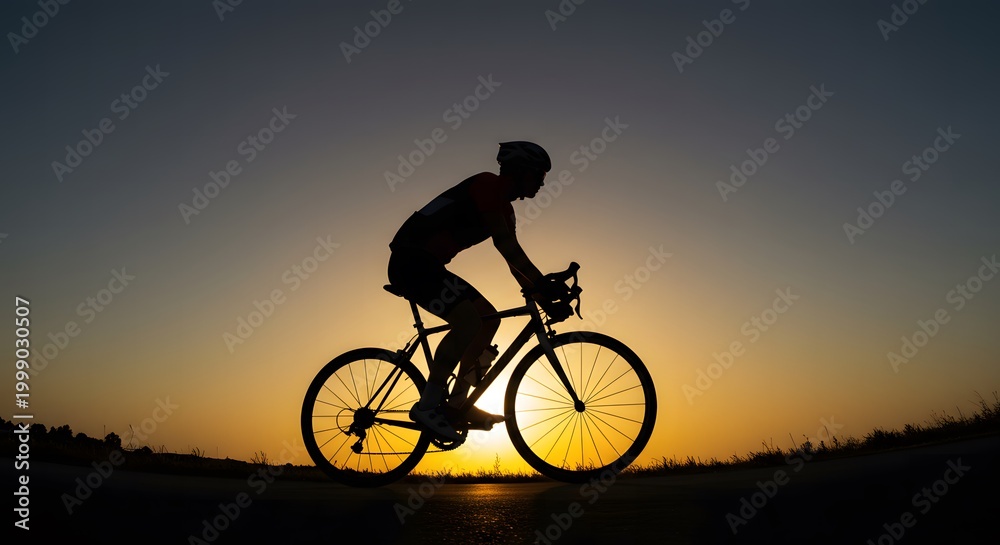 Fototapeta premium Silhouette of a person riding a bicycle against a beautiful sunset sky