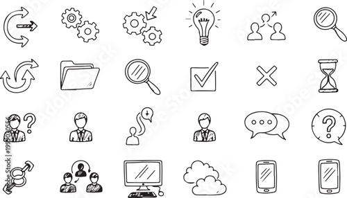 Business icons, office symbols, workflow signs, 25 line icons