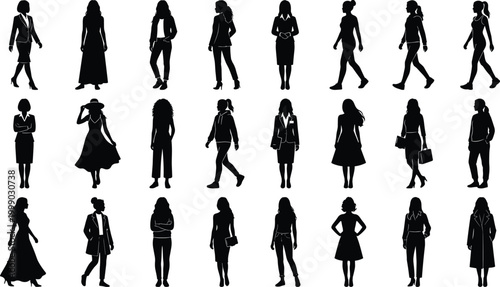 Women silhouettes collection with fashion business and casual poses isolated on white background for lifestyle design