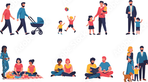 Modern flat vector people set, diverse families and parents with children, collection of 8 character groups for lifestyle and community design