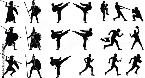 Set of sport fighters warriors and athletes silhouettes including martial arts combat and running isolated on white