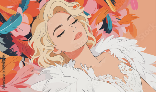 Serene Blonde Woman Resting Amidst Colorful Feather Backdrop