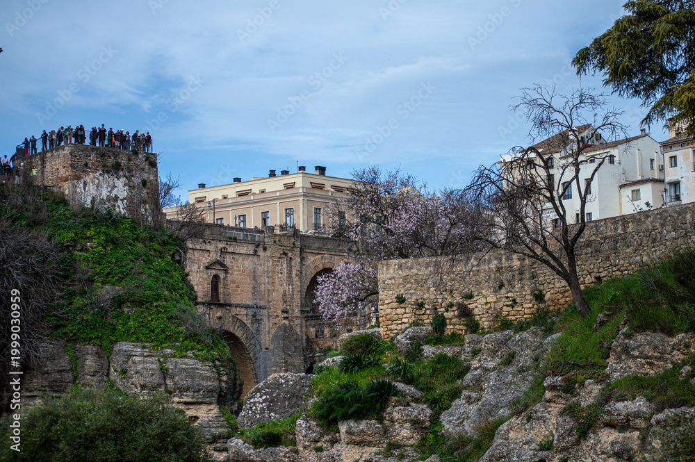 Obraz premium Puente Nuevo dramatic bridge spanning a deep limestone gorge creating iconic architectural landmark in Ronda, Spain.