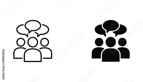 Group discussion and community chat icon set featuring people with speech bubbles in outline and solid vector style for social networking