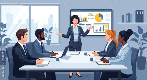Professional business presentation in modern office, diverse corporate team meeting with data charts, female leader giving keynote speech vector