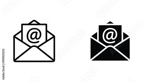 Email envelope icon set showing open letter with at symbol in both linear and glyph design styles for communication and messaging interfaces