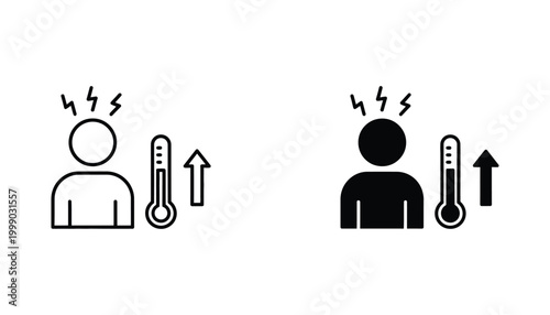 Fever and high body temperature icon set featuring linear and solid vector illustrations of a human silhouette with rising thermometer scale