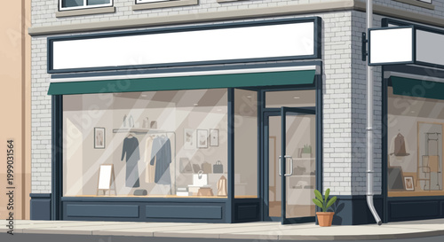 Vector illustration of a clothing storefront with a green awning and white brick facade