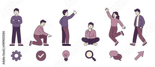 People characters with diverse poses and business icons set. Flat vector illustration of men and women showing gestures, thinking, jumping, and pointing, useful for UI design, web, and presentation.