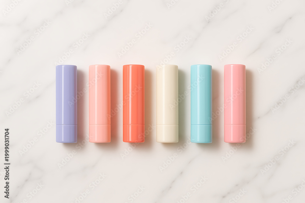 Obraz premium Assorted lip balms arranged in a row on a marble surface