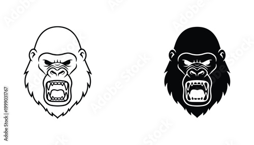 Angry gorilla head icon set in minimalist black and white line art and solid silhouette style for sports team mascot and aggressive branding