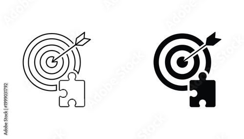 Target with arrow and jigsaw puzzle piece icon set with bold lines and solid black fill for strategic business conceptualization