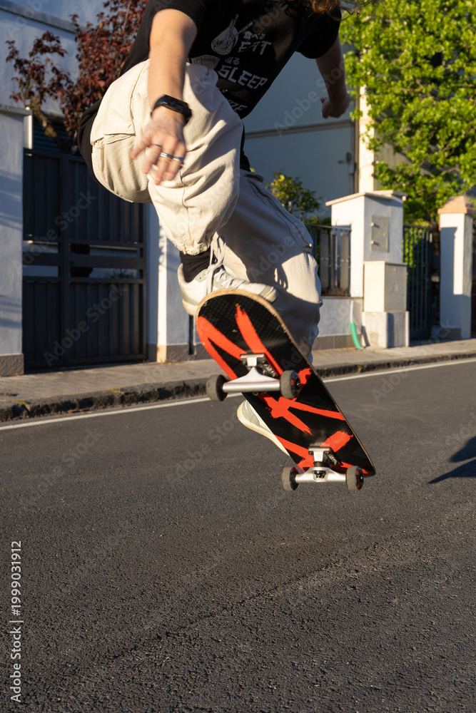 Ταπετσαρία esercizi con lo skate esegue un ollie su asfalto controsole
