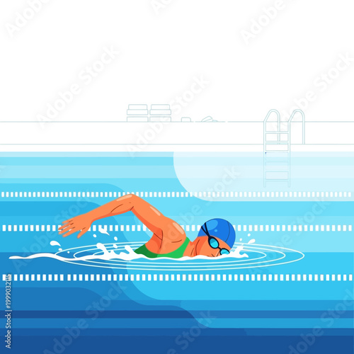 Woman swimming freestyle stroke in bright blue pool, athletic competition, healthy lifestyle