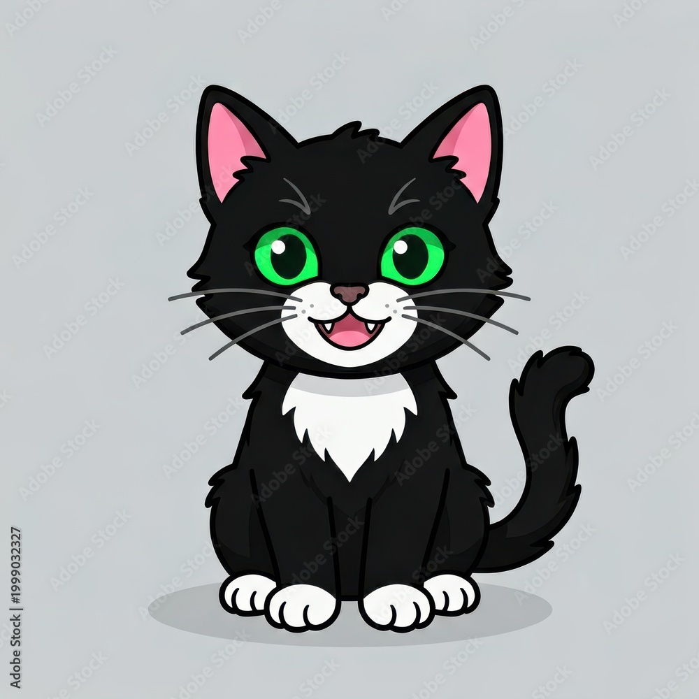 Fototapeta premium Black and White Cartoon Cat with Green Eyes Sitting Happily