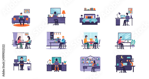 people working in various settings on transparent background