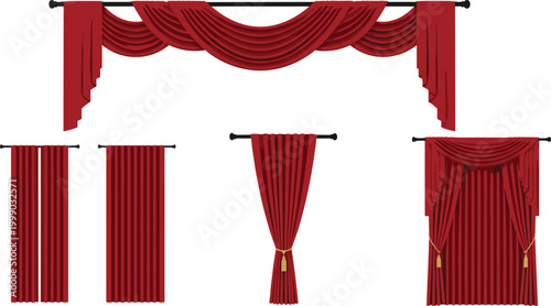 Elegant red curtains set stage drapery and window textile vector illustration classic theater decoration interior design elements collection