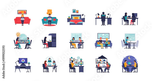 set of people working and relaxing scenes on transparent background