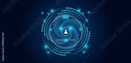 Digital connection vector with person icon on circular HUD interface. Social media and user networking concept.