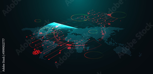 Global data flow vector on world map background with circuit lines. Technology and international network concept.